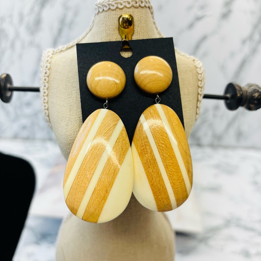 Vintage Teardrop Wood & Cream Stripe Dangle Earrings